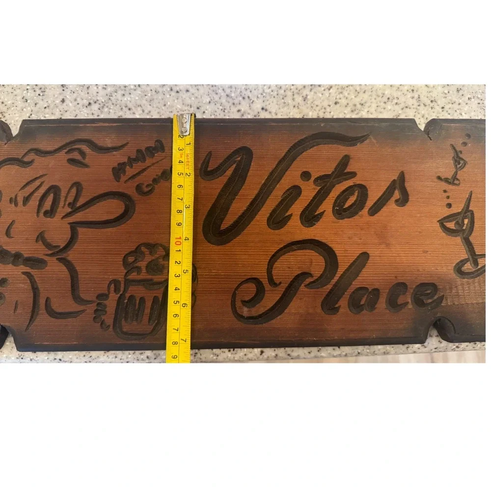 Vintage Hand Carved Wood Bar Sign Vitos Place Rustic‎ Man Cave Wall Decor 20x7